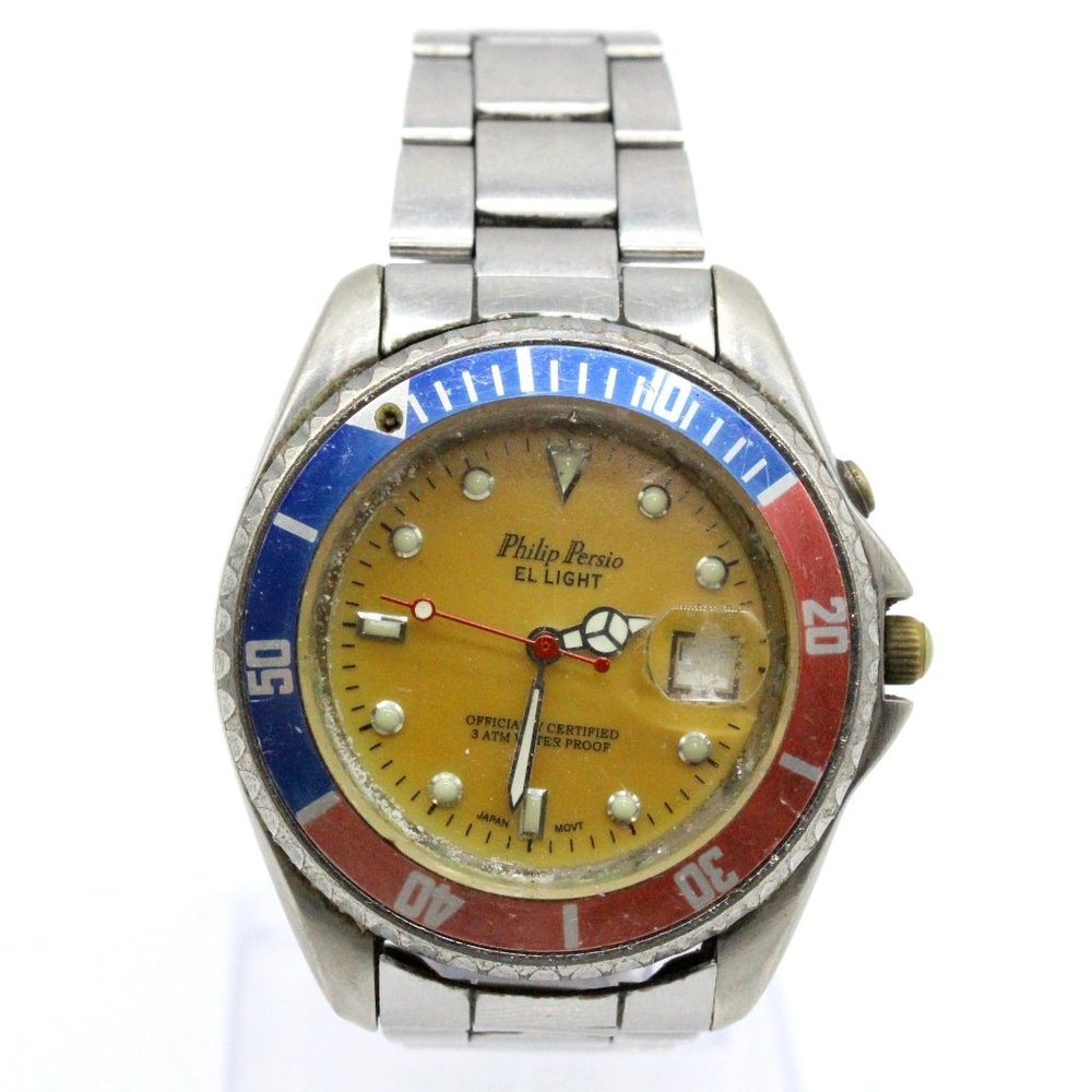 Vintage Philip Persio Men's Classic Elegant Stainless Steel Quartz Pepsi 90's